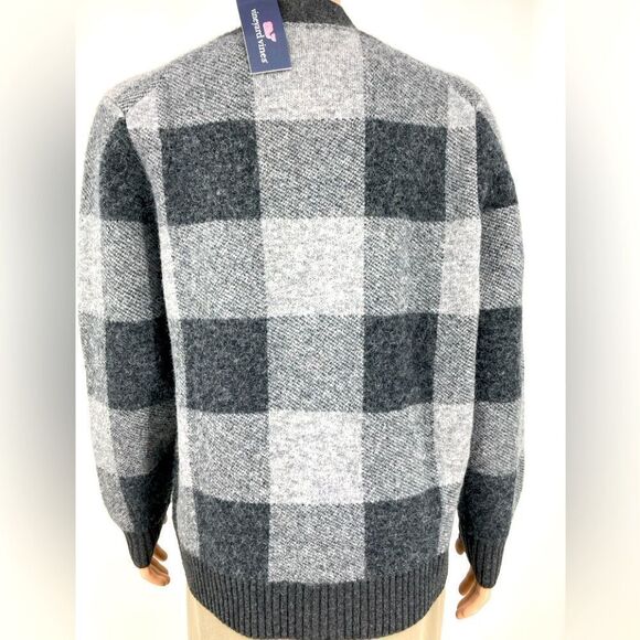 NWT Vineyard Vines Luxury Blend Buffalo Check V-Neck Charcoal Heather Cardigan L - Picture 4 of 12